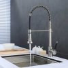 Contemporary brushed nickel kitchen faucet with flexible spiral hose and side handle mounted above stainless steel sink
