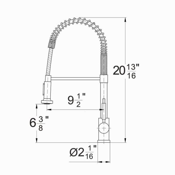 Technical specification drawing of kitchen faucet showing detailed measurements including 20 13/16 inch height and 9 1/2 inch spout width