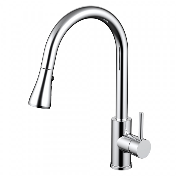 Chrome pull-down kitchen faucet with single lever handle and flexible spray spout