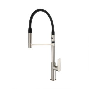PA-11088QT-BN Contemporary brushed nickel kitchen faucet with flexible black spray hose and angular handle