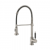 Brushed nickel kitchen faucet with coiled spring hose and dual spray handle on white background