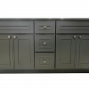 Dark green vanity cabinet with five doors, two center drawers, and stainless steel hardware