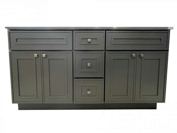 Dark green vanity cabinet with five doors, two center drawers, and stainless steel hardware
