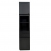 Tall narrow black storage cabinet with glass-door display case, open shelving, and drawer storage