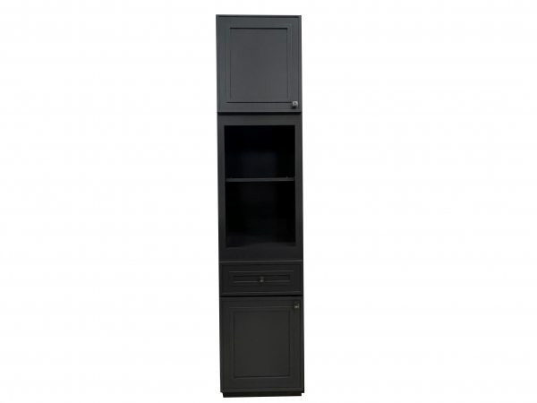 Tall narrow black storage cabinet with glass-door display case, open shelving, and drawer storage