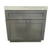 Gray bathroom vanity cabinet with two cabinet doors and one upper drawer with small square handles