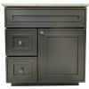 Dark gray bathroom vanity with light marble countertop, horizontal drawer at top, two stacked drawers on left side, and one large cabinet door on right, all with square nickel hardware