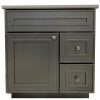Gray-green bathroom vanity cabinet with stone countertop, one horizontal drawer at top, one large cabinet door on left, and two drawers stacked on right side with square handles