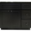 Black shaker-style bathroom vanity cabinet with dark granite countertop, featuring two drawers on top, two cabinet doors below, and three drawers on the right side with square nickel handles
