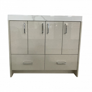 Light beige vanity cabinet with four upper cabinet doors and two lower drawers with chrome handles and white marble top on a white background