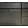 Dark gray bathroom vanity with asymmetrical design featuring two large cabinet doors on left, one drawer above, and three drawers on right side
