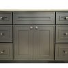 Gray bathroom vanity with three horizontal drawers above two center cabinet doors and side drawers with light countertop