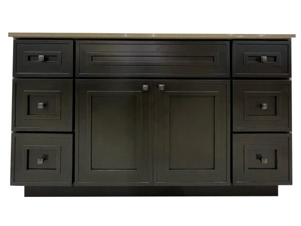 Dark charcoal gray bathroom vanity with six drawers flanking two center cabinet doors and light stone countertop
