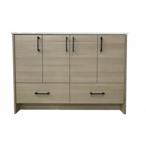 Light gray wood vanity cabinet with four upper cabinet doors and two lower drawers with black handles on a white background