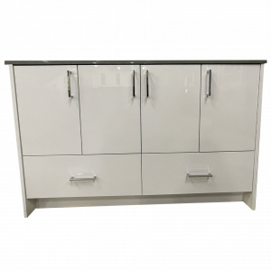 White glossy vanity cabinet with four upper cabinet doors and two lower drawers with silver handles on a white background