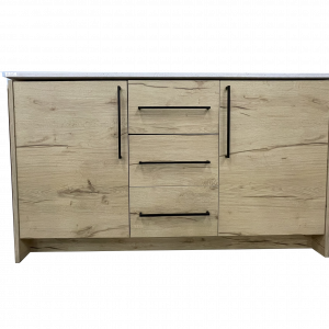 Light wood vanity cabinet with two side doors, three center drawers, and black metal handles on a white background