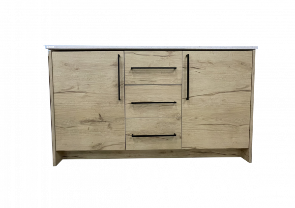 Light wood vanity cabinet with two side doors, three center drawers, and black metal handles on a white background