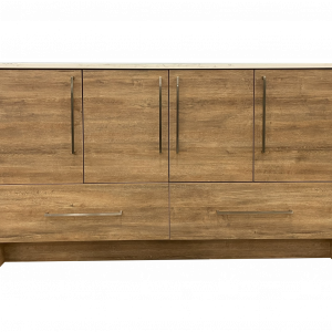 Natural oak wood four-door cabinet with two bottom drawers and metal handles