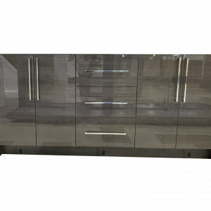Gray glass-front cabinet with multiple compartments, drawers, and metal handles