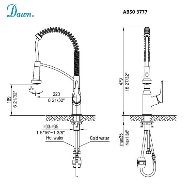 Dawn brand AB50 3777 kitchen faucet technical schematic with dimensional specifications and dual hot/cold water connection diagram