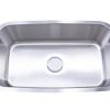Stainless steel single bowl undermount kitchen sink with wide rectangular basin, rounded corners, and center drain hole