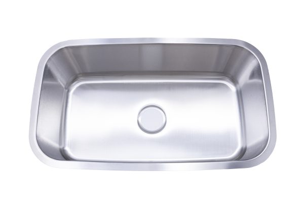 Stainless steel single bowl undermount kitchen sink with wide rectangular basin, rounded corners, and center drain hole