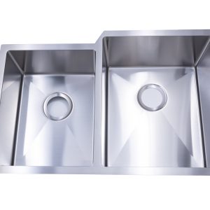 Stainless steel double basin undermount kitchen sink with two equal rectangular bowls and drain holes