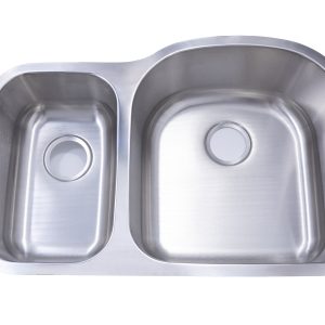 Stainless steel offset double bowl undermount kitchen sink with smaller left basin and larger right basin