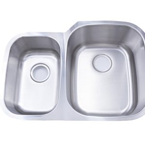 Stainless steel undermount double bowl kitchen sink with small left bowl and large right bowl