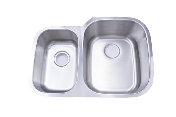 Stainless steel undermount double bowl kitchen sink with small left bowl and large right bowl