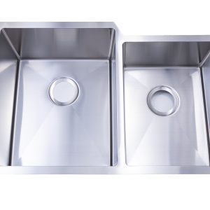 Stainless steel undermount double bowl kitchen sink with high-depth basins and drain openings