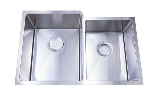 Stainless steel undermount double bowl kitchen sink with high-depth basins and drain openings
