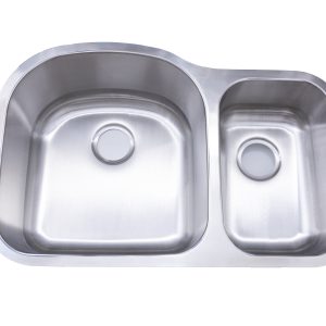 Stainless steel undermount double bowl kitchen sink with curved rim design