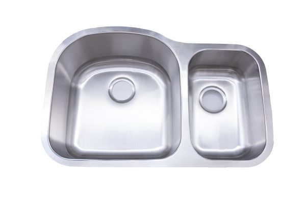 Stainless steel undermount double bowl kitchen sink with curved rim design