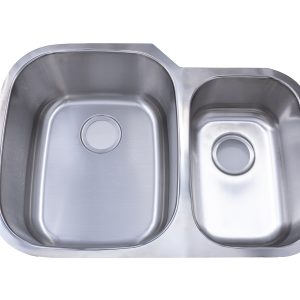 Stainless steel undermount double bowl kitchen sink with left bowl larger than right bowl