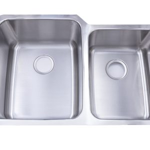 Stainless steel undermount double bowl kitchen sink with rounded corners and drain holes