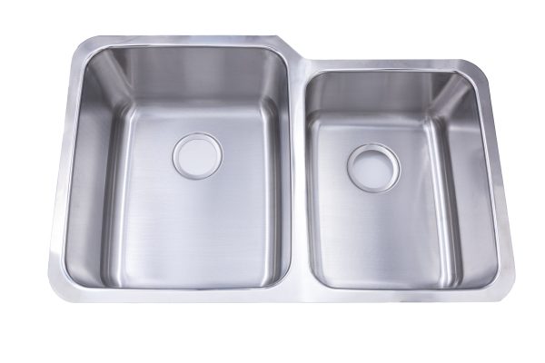 Stainless steel undermount double bowl kitchen sink with rounded corners and drain holes