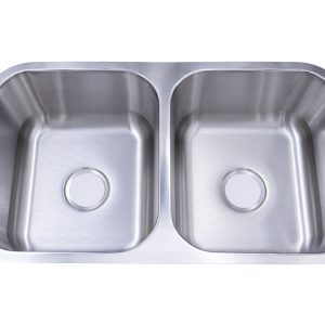 Stainless steel double bowl undermount kitchen sink with two equal-sized rectangular basins and drain holes