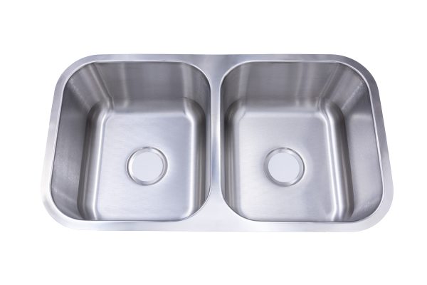 Stainless steel double bowl undermount kitchen sink with two equal-sized rectangular basins and drain holes