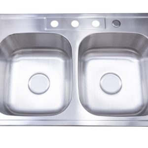 Drop-in stainless steel double bowl kitchen sink with three faucet holes and drain opening