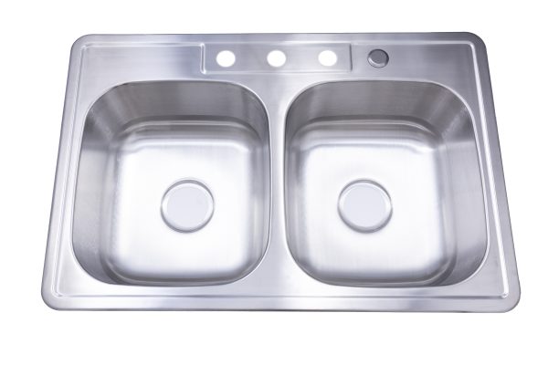 Drop-in stainless steel double bowl kitchen sink with three faucet holes and drain opening