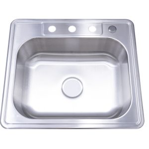 Top mount stainless steel single bowl kitchen sink with three faucet holes and drain opening