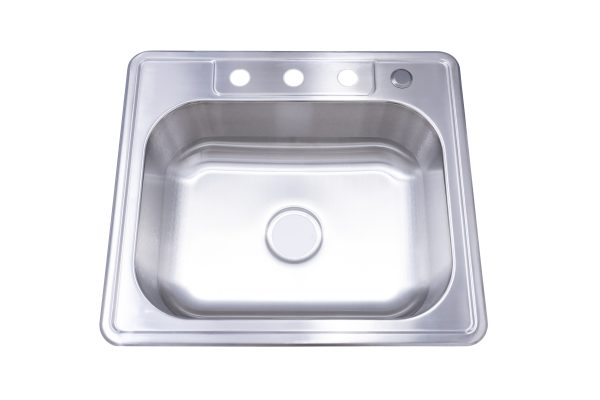 Top mount stainless steel single bowl kitchen sink with three faucet holes and drain opening