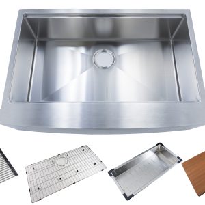 Single bowl stainless steel farmhouse apron sink with included accessories: roll-out grid, stainless steel grid, colander, and wooden cutting board
