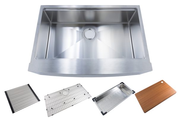 Single bowl stainless steel farmhouse apron sink with included accessories: roll-out grid, stainless steel grid, colander, and wooden cutting board