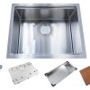 Undermount stainless steel single bowl kitchen sink with included drain, grid, colander, and wooden cutting board accessories