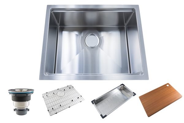 Undermount stainless steel single bowl kitchen sink with included drain, grid, colander, and wooden cutting board accessories