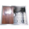 Undermount stainless steel double bowl kitchen sink with wooden cutting board and metal grid basket