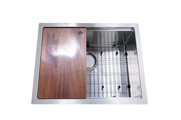 Undermount stainless steel double bowl kitchen sink with wooden cutting board and metal grid basket