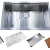 Stainless steel undermount kitchen sink with included metal grid, wire strainer, colander, and wooden cutting board accessories